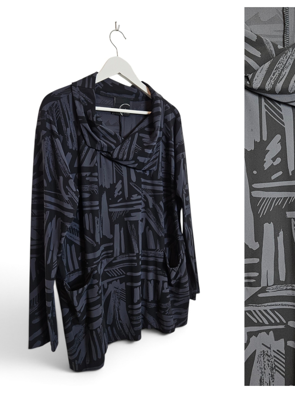 Porto San Francisco Tunic Size 1Cowl Neck Abstract Lagenlook Jersey Gray Black